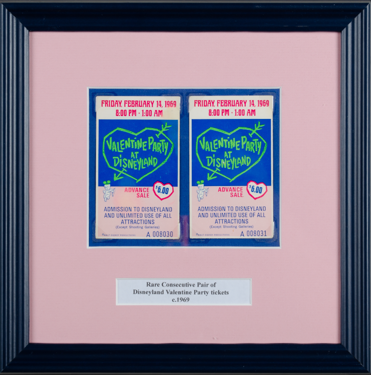 Rare Consecutive Pair of Disneyland Valentine Party Tickets c.1969